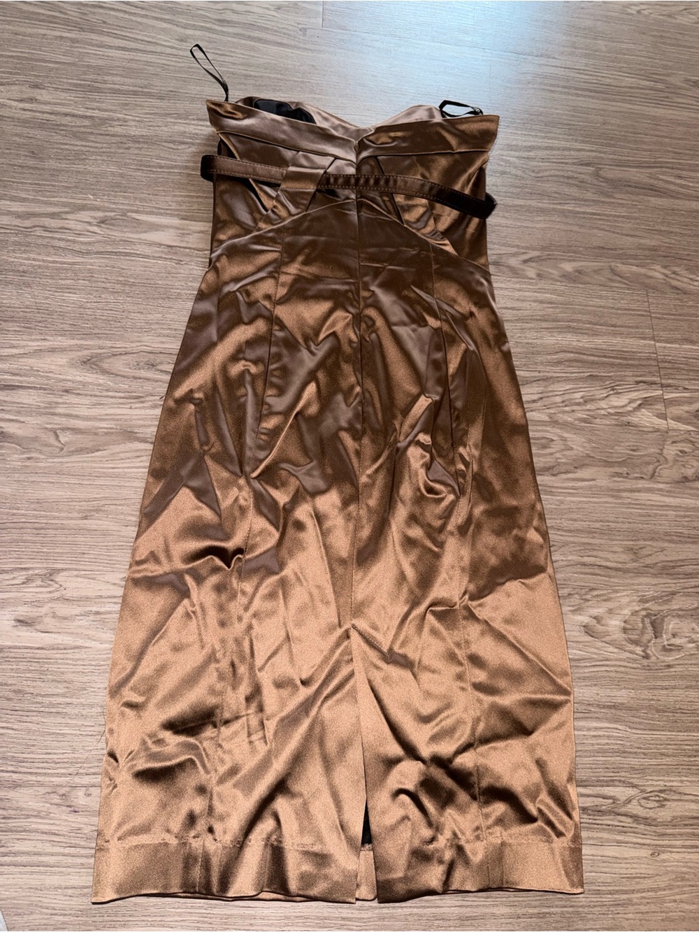 bebe Strapless Satin cocktail Mini Dress in Brown with Belt - Picture 5 of 8